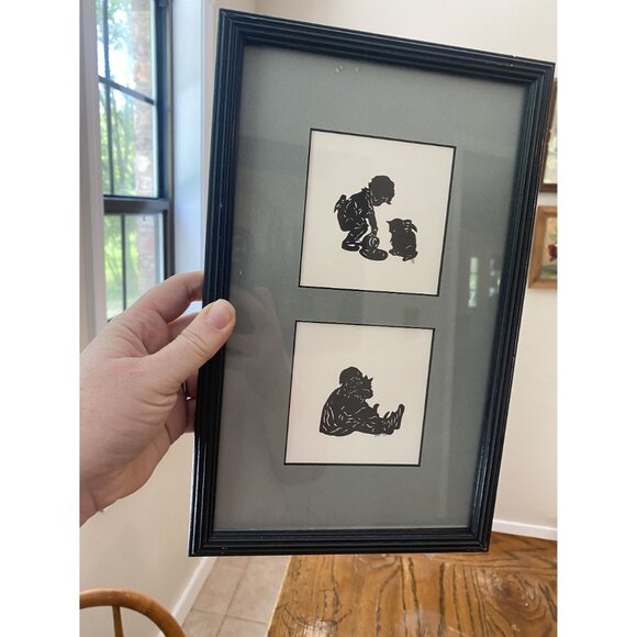 Vintage Black Silhouette Art Prints Of Children Playing In Black Frame - Picture 2 of 5